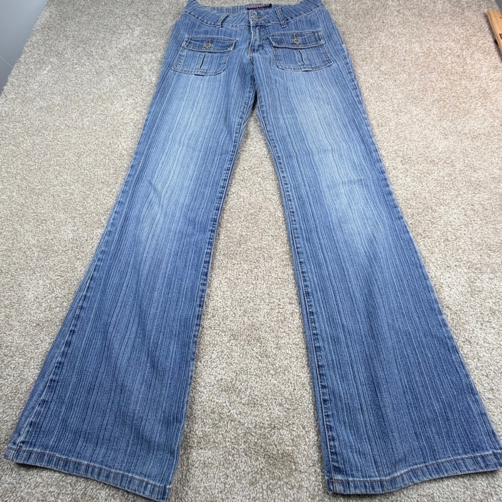Bubblegum Y2K Blue Pinstripe Texture Cargo Flare Wide Leg Jeans Womens 7/8